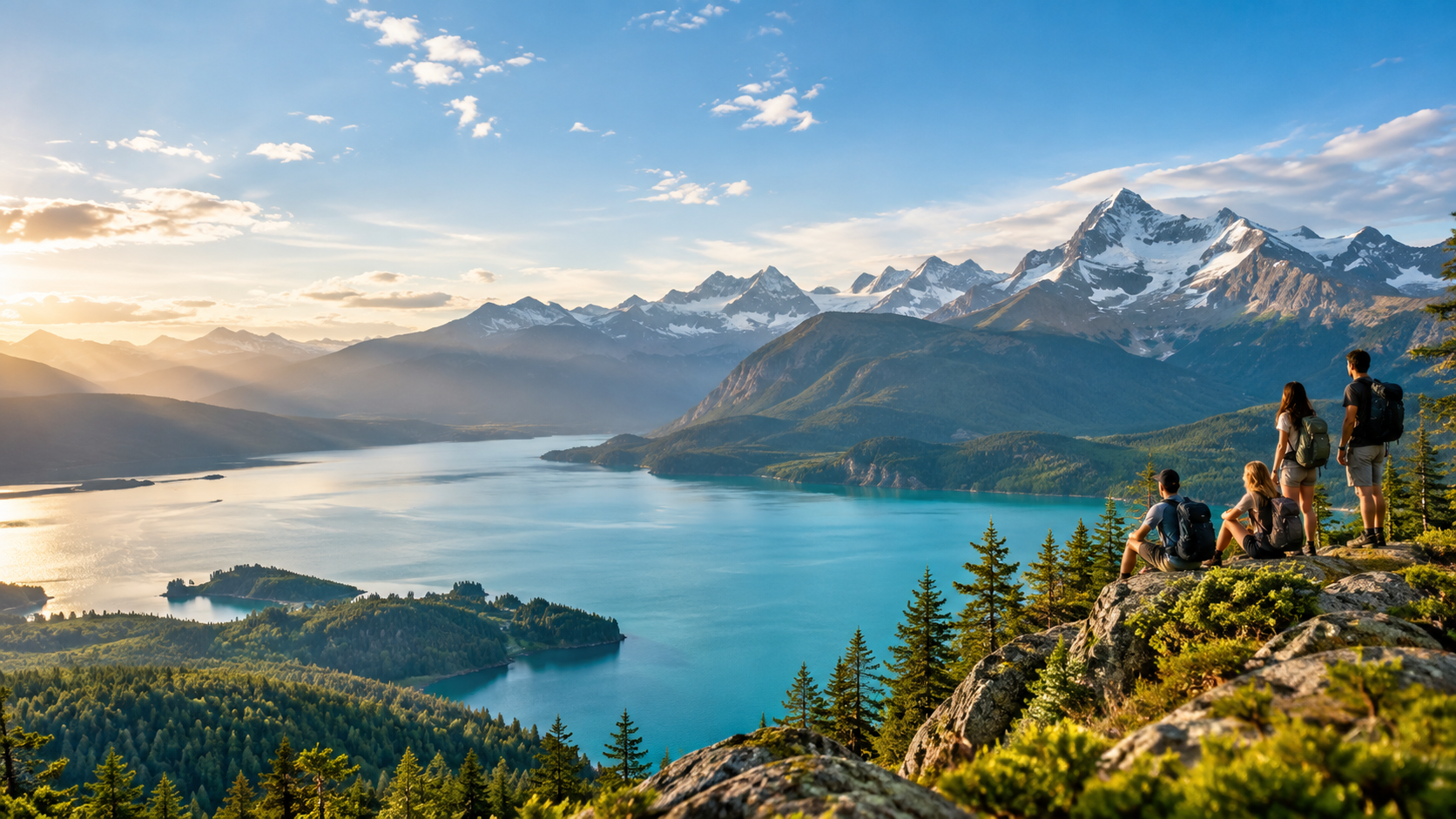 Hikers overlooking a turquoise alpine lake and mountain range